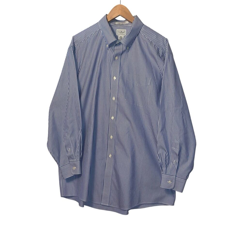 Vintage  L.L. Bean Wrinkle Resistant Blue Striped Cotton Button-Up Shirt XL